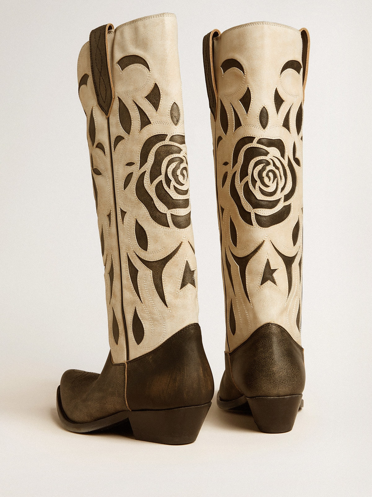 Wish Star boots in black and white leather with inlay rose and star - 4