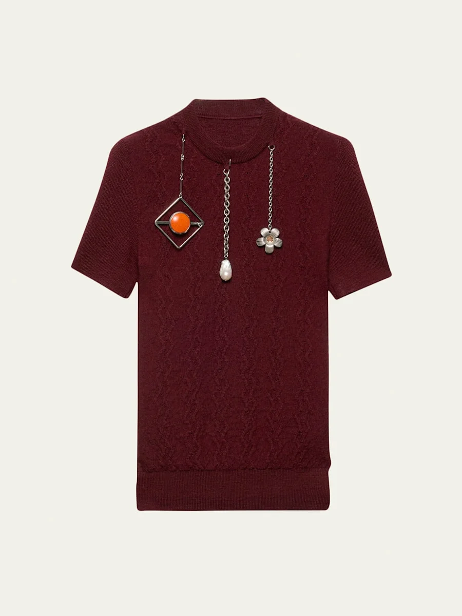 Pendant Short-Sleeve Wool Sweater - 1