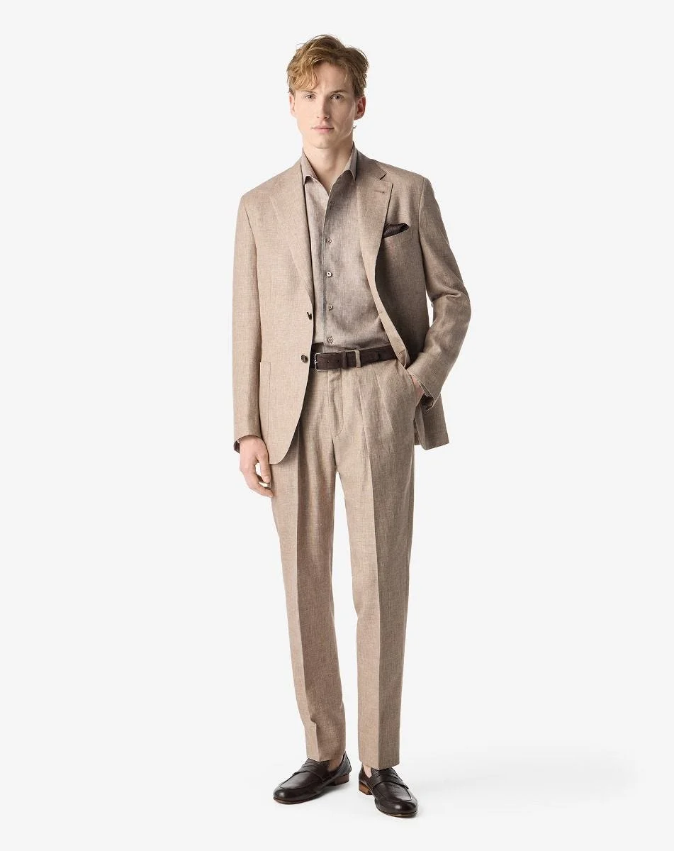 Dark beige wool, linen and silk sharkskin suit - 1