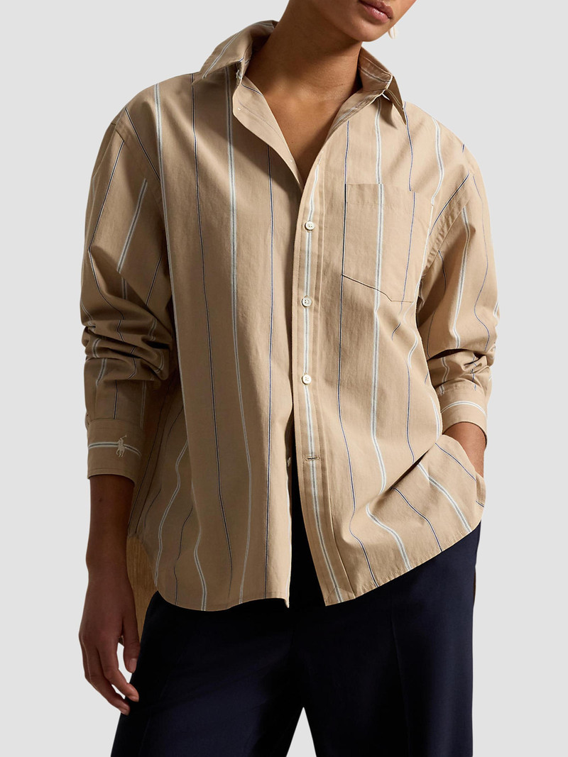 Women's Oversized Striped Cotton Button-Front Shirt - Tan Cream 4