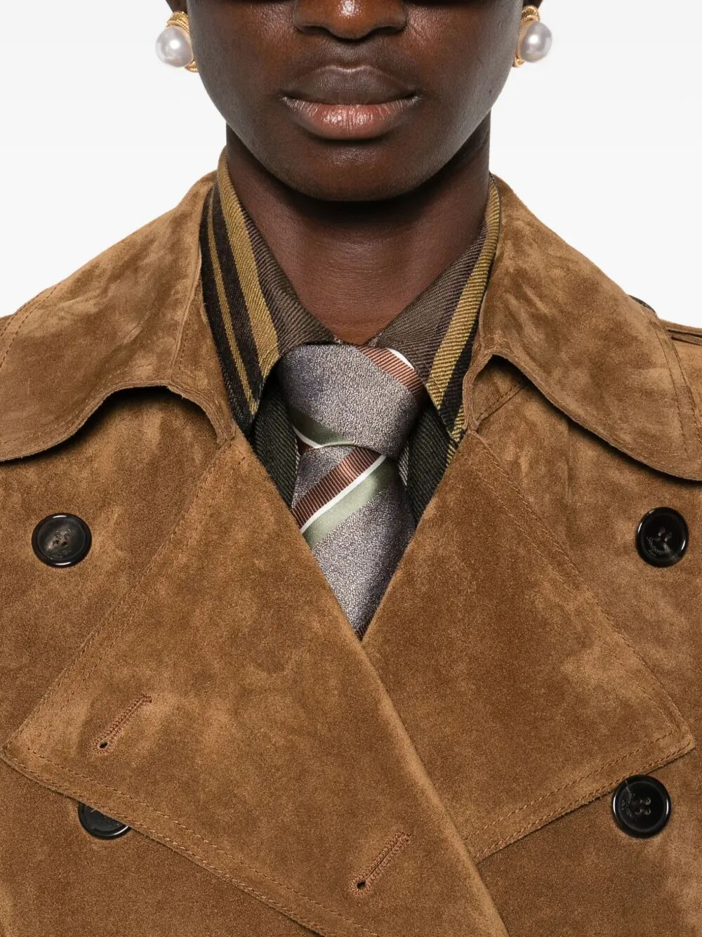 Long Double-Breasted Suede Trench Coat - 4