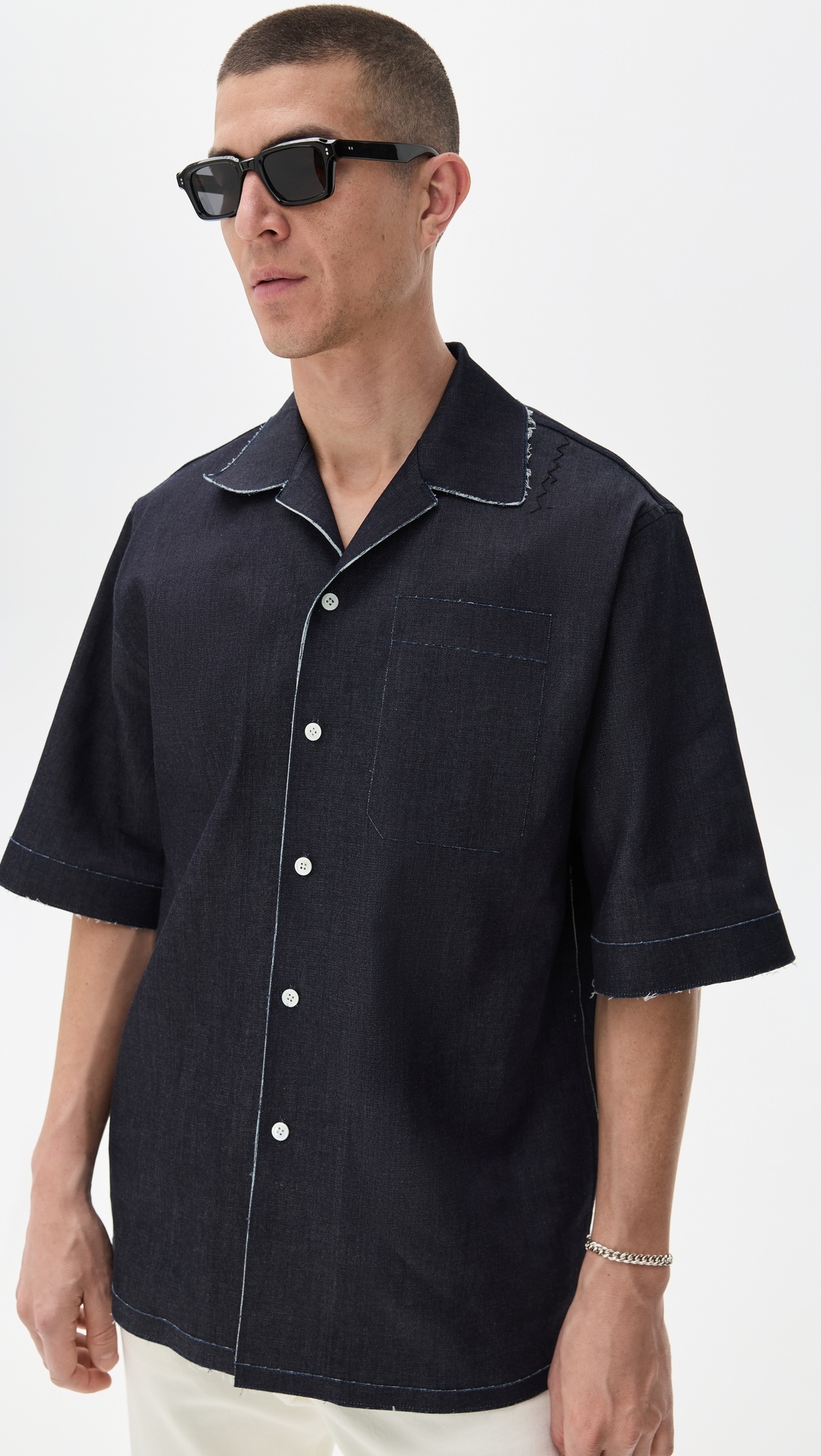 Trompe L'Oeil Stretch Denim Bowling Shirt - 1