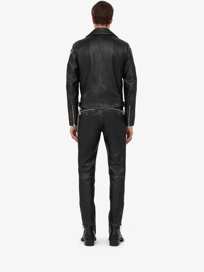 Men's Leather Biker Jacket in Black/ivory - 4