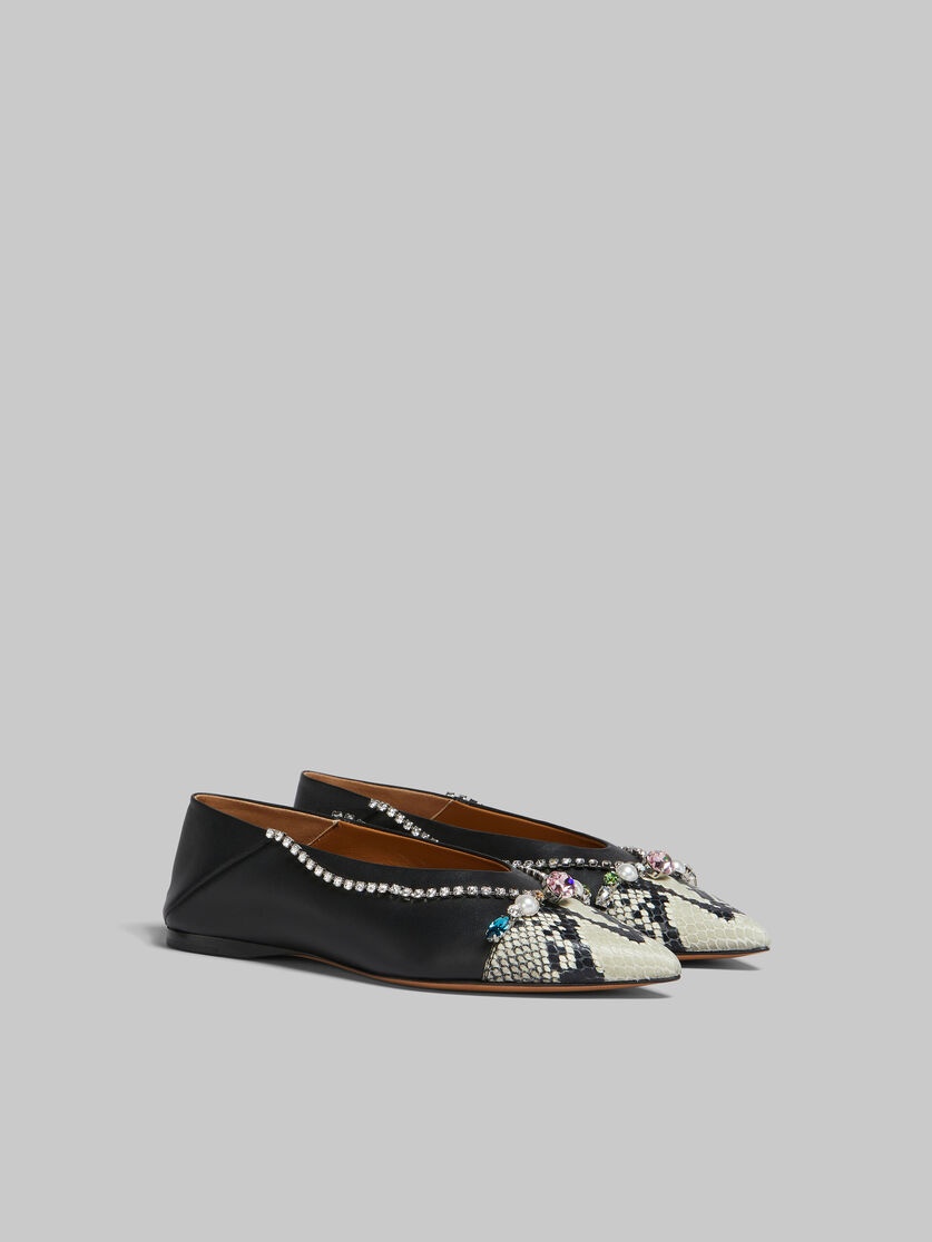 BLACK AND PYTHON-PRINT LEATHER BALLET FLAT WITH RHINESTONES - 2