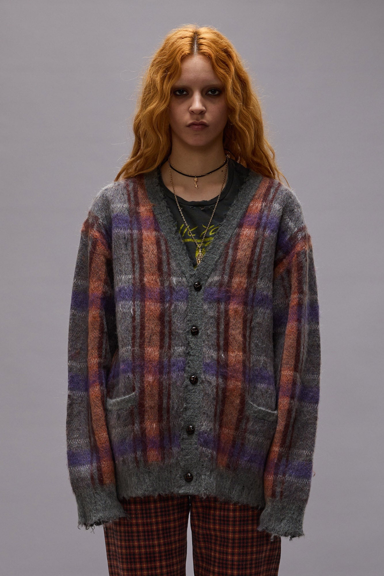 MOHAIR BOYFRIEND CARDIGAN - BROWN//ORANGE/PURPLE MOHAIR PLAID - R13 - 5