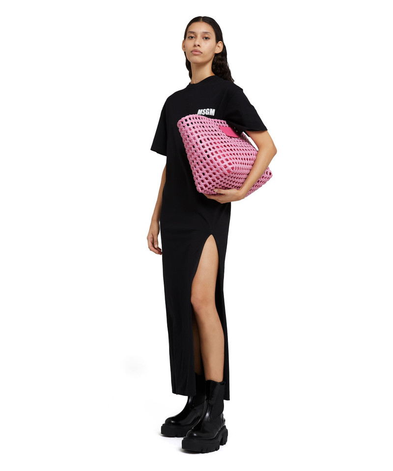 MSGM Long cotton dress with side slit and quote logo outlook