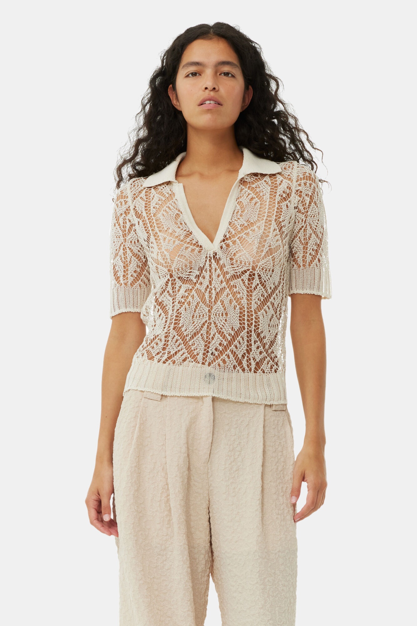 BEIGE TEXTURED SUITING MID WAIST PANTS - 3