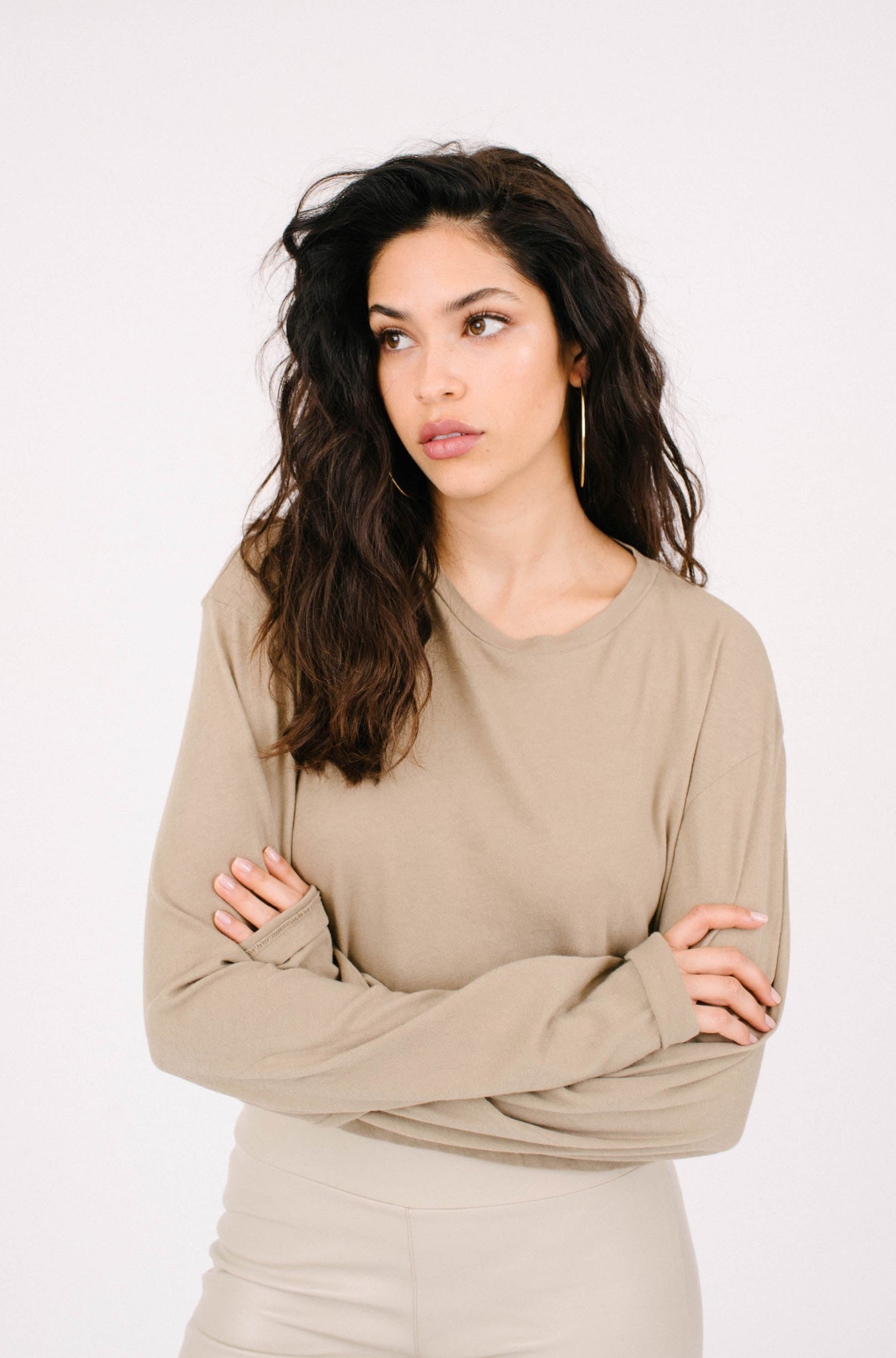 KHAKI COTTON CROPPED LONG SLEEVE TEE - 2