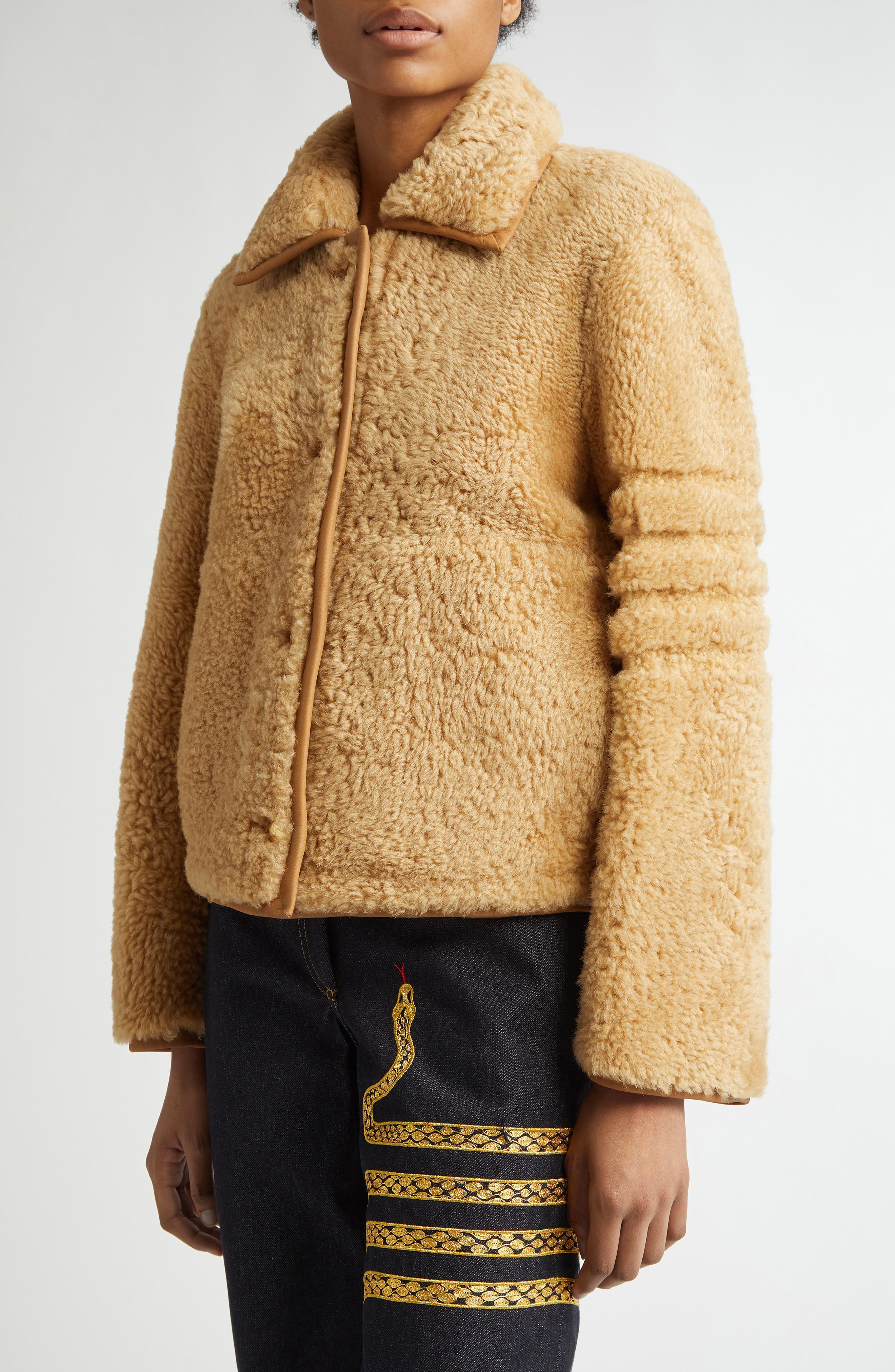 Thom Browne Genuine Shearling Jacket in Camel at Nordstrom - 5