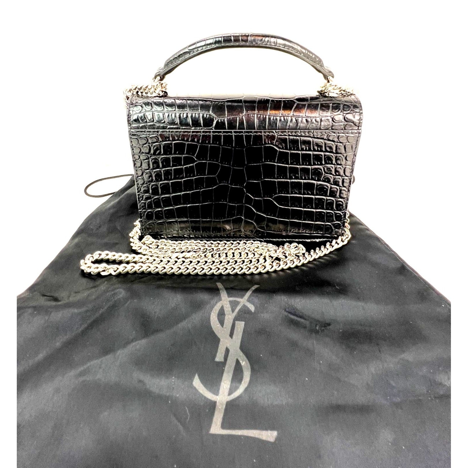 Saint Laurent Black Leather Sunset Wallet on a Chain Crocodile Embossed Bag - 2