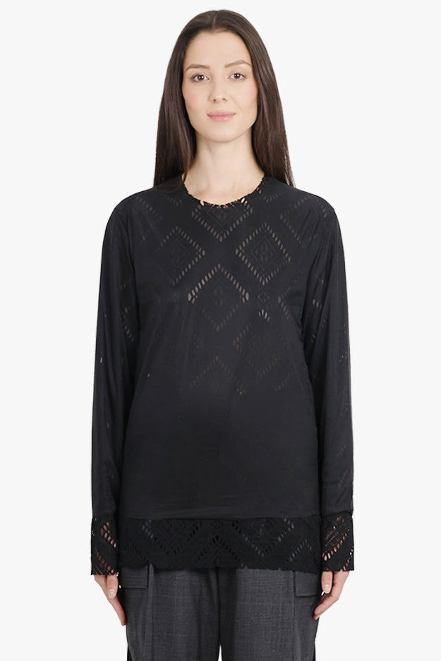 LAYERED L/S SHEER X LACE TOP | BLACK - 3