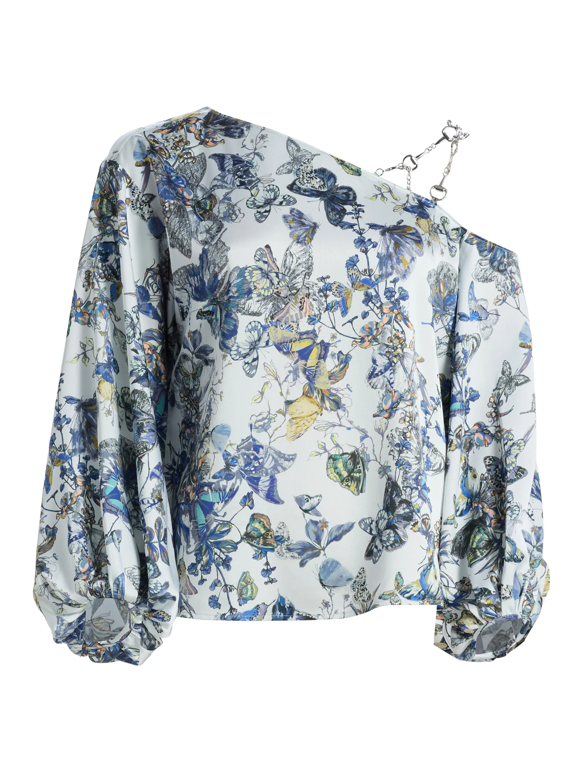 Women's Asami Printed Chain One-Shoulder Blouse - Grey Watercolor Butterfly - 1