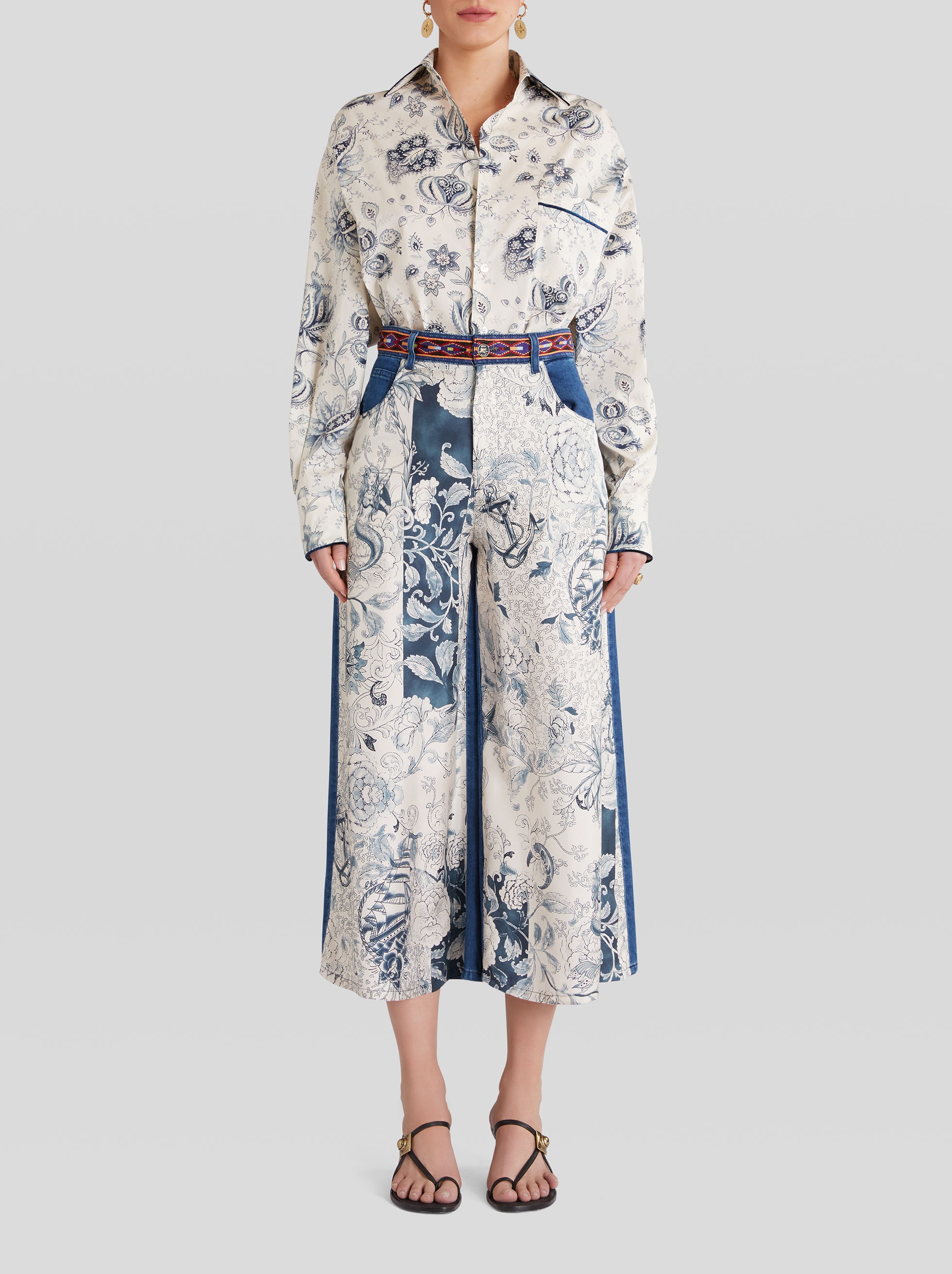 DENIM AND PRINTED SILK CULOTTES - 3