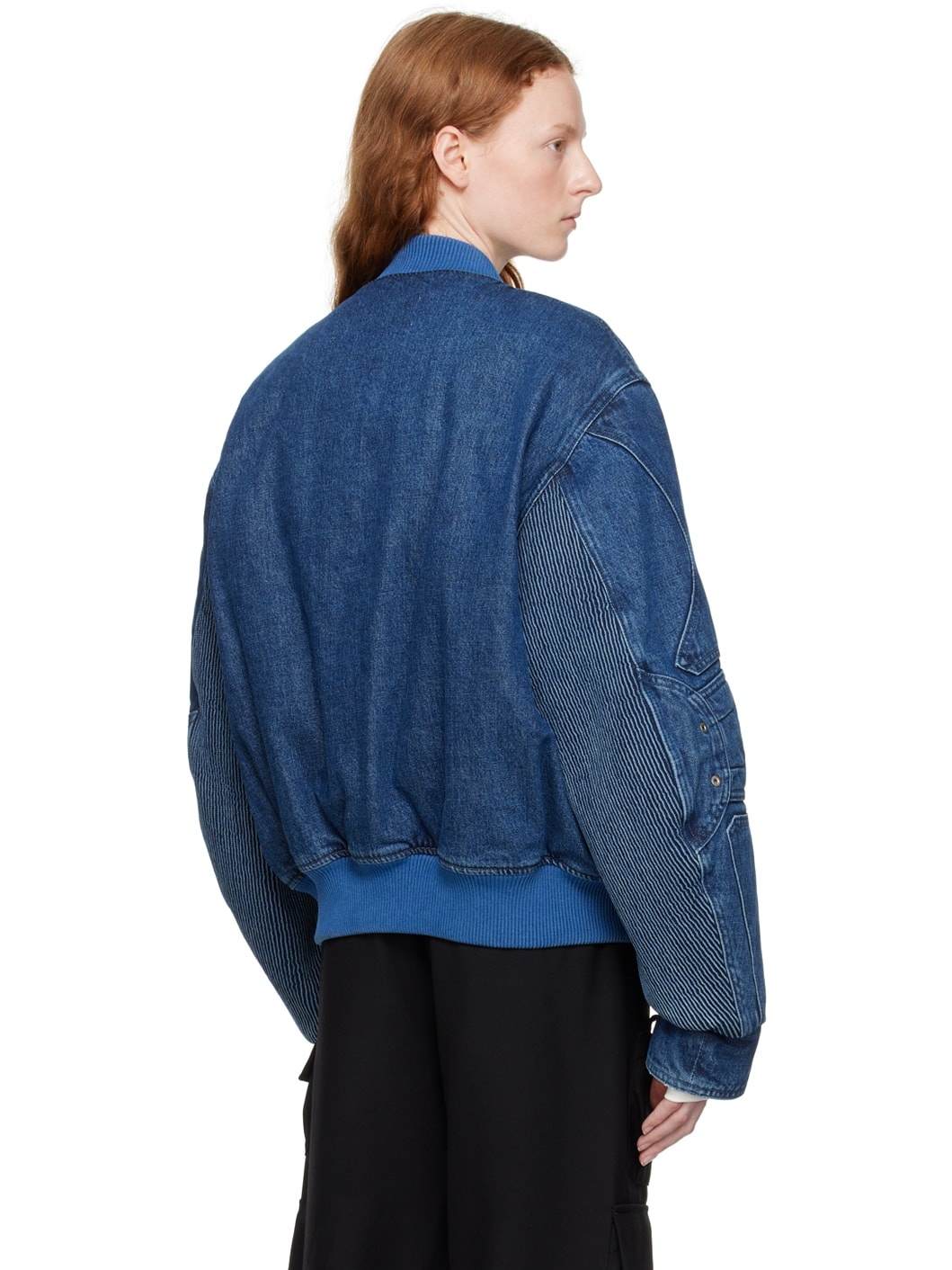 Blue Paneled Denim Bomber Jacket - 3