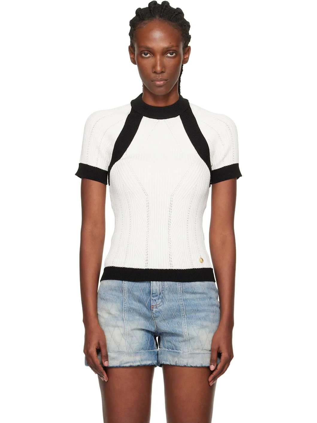 White & Black Short-Sleeved Knit Top - 1