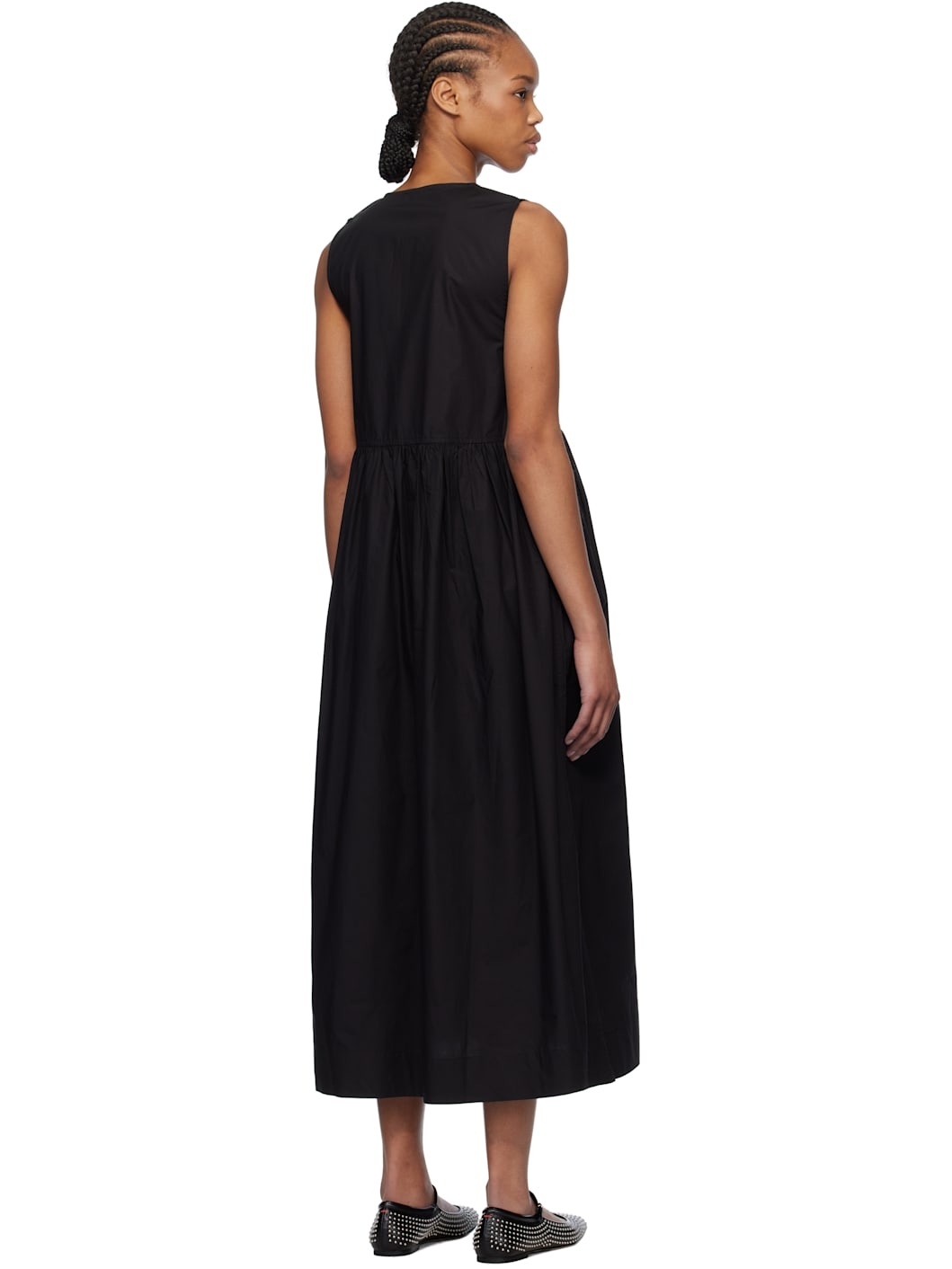 Black Cotton Poplin Midi Dress - 3