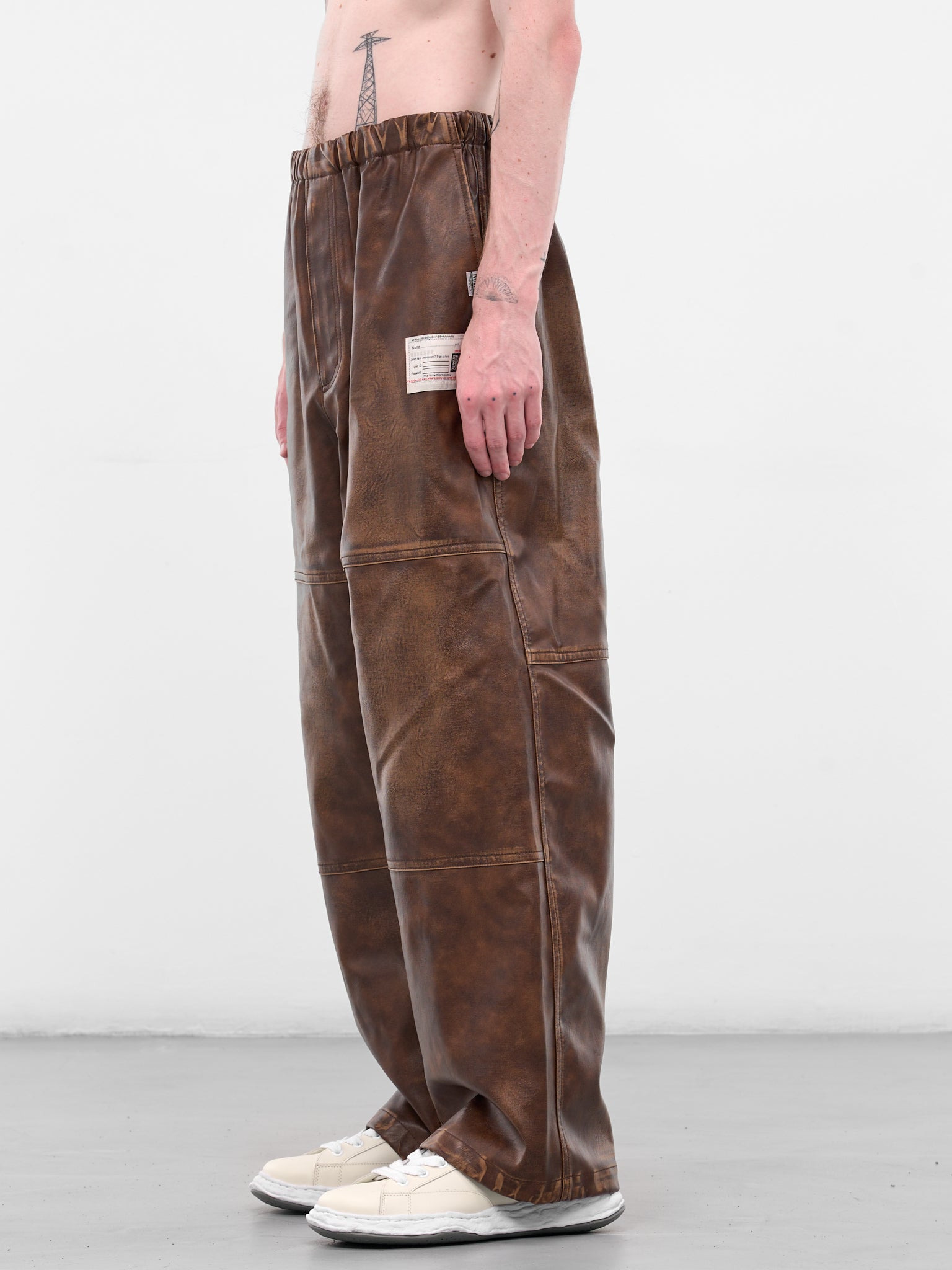Brown Leather Elastic Waist Pants - 2