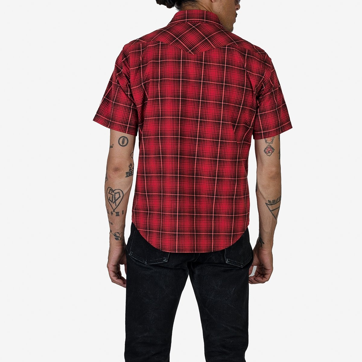 IHSH-386-RED 5oz Selvedge Short Sleeved Western Shirt - Red Vintage Check - 3