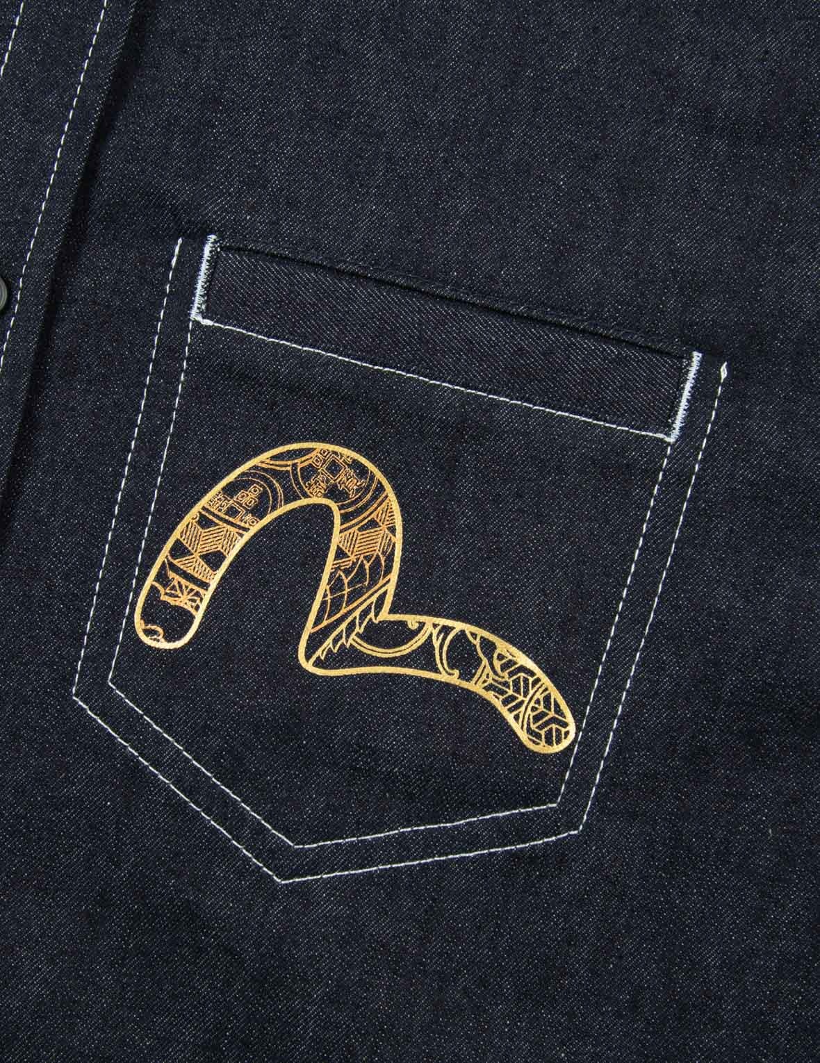 “KOI PLAYING IN WAVES” GRAPHIC FOIL-PRINT DENIM SHIRT - 10