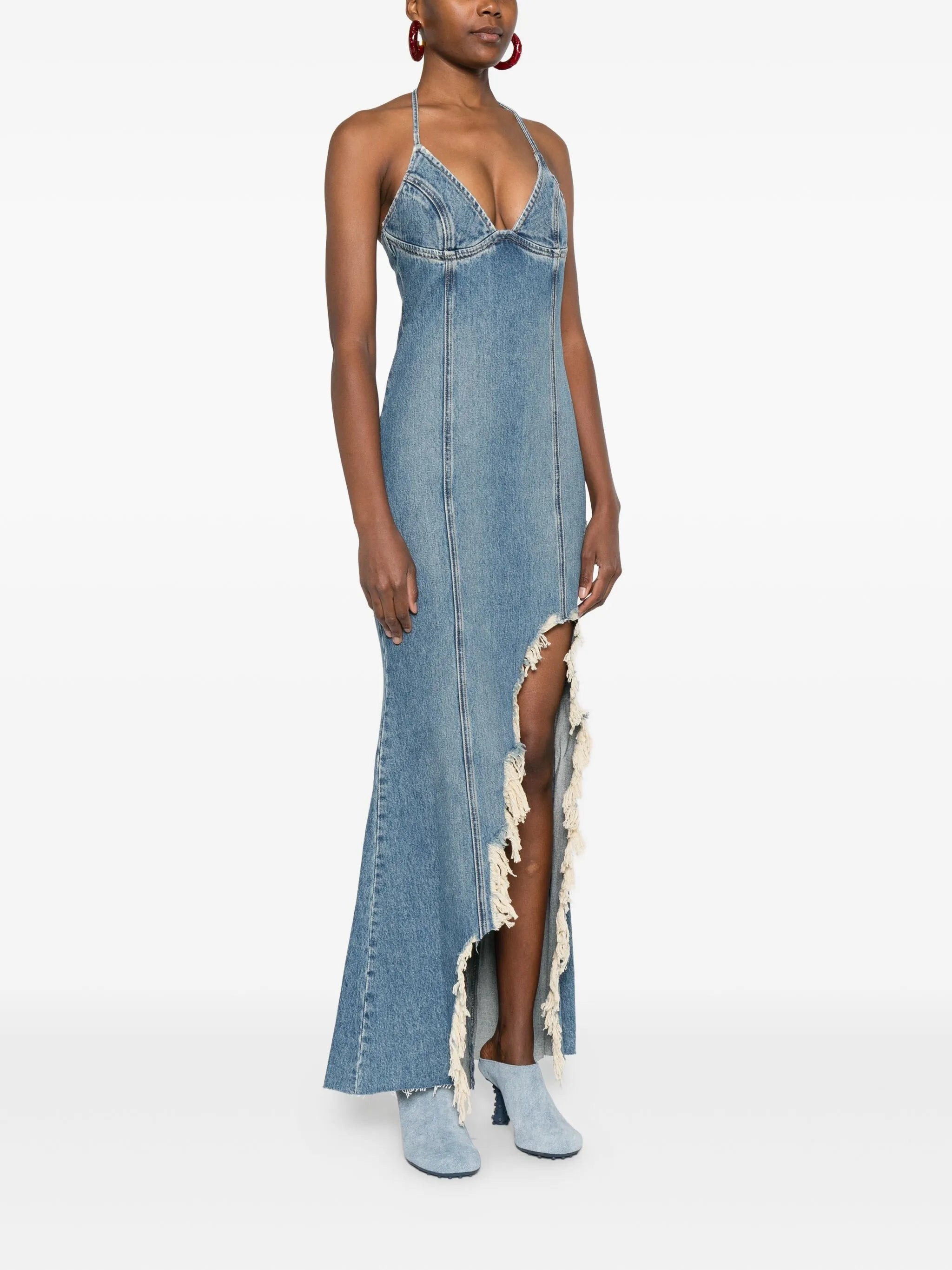 Blumarine Halter-neck Frayed-hem Denim Dress - 3