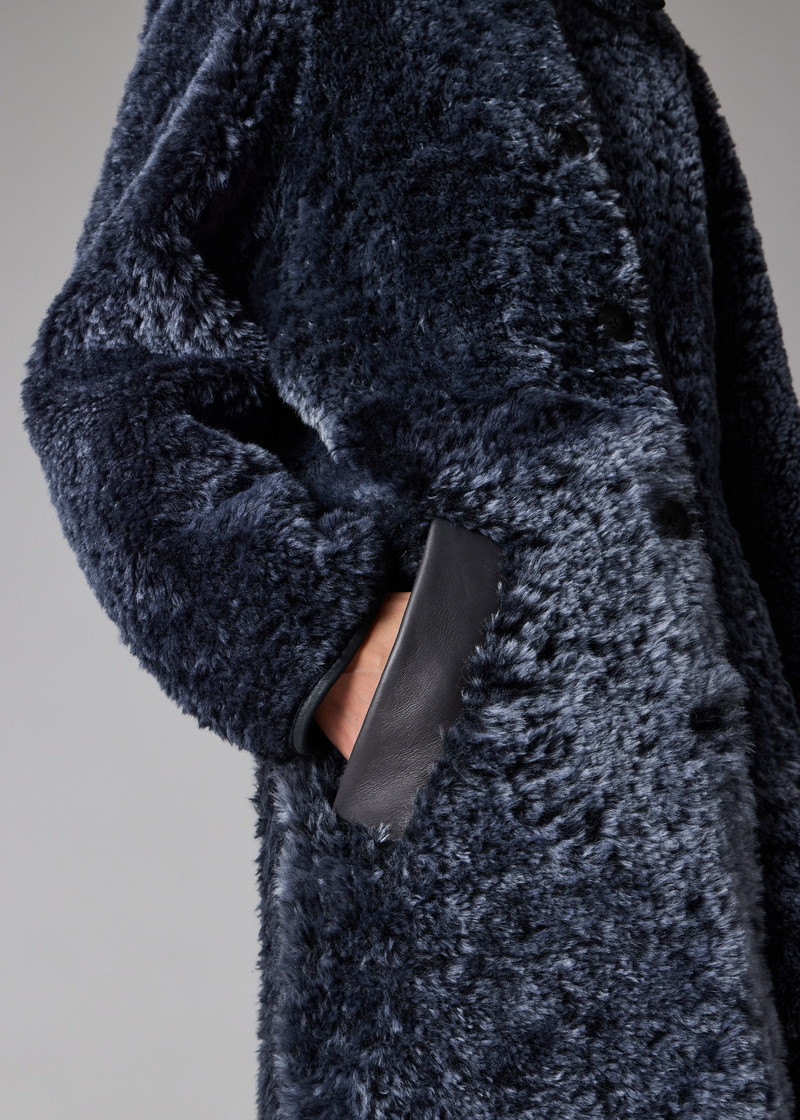 Women's Navy Reversible Leather and Shearling Coat 12