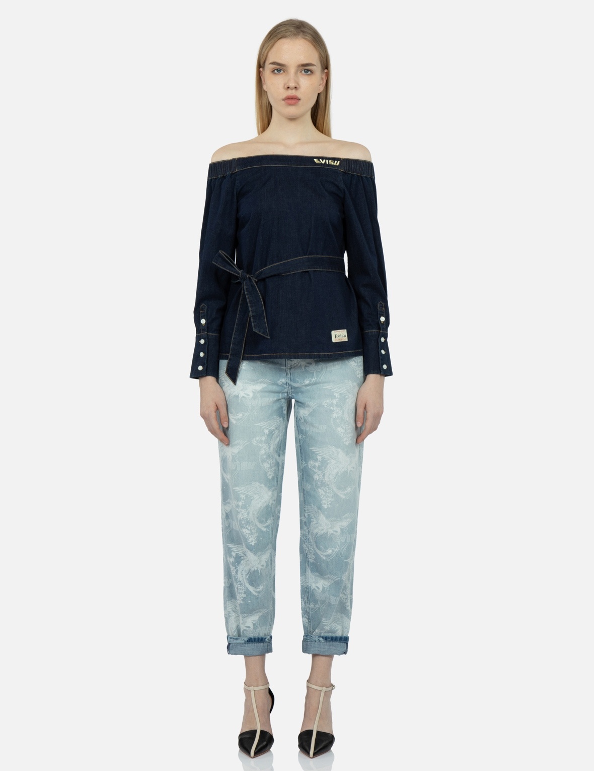 LOGO EMBROIDERY OFF-SHOULDER DENIM BLOUSE - 5