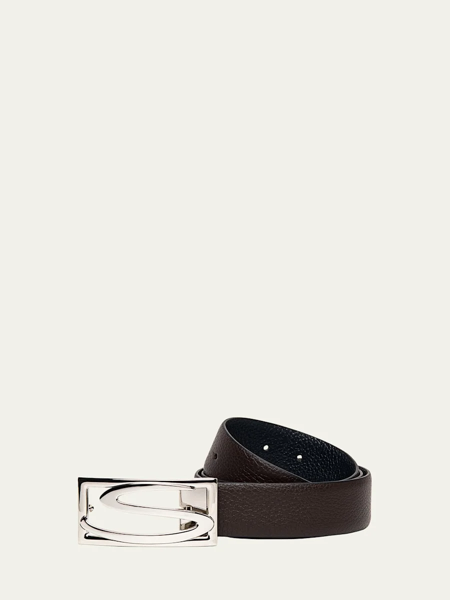 Men's Rectangle S-Buckle Reversible Leather Belt - 1