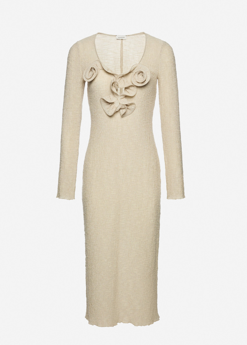 Long-sleeve crepe beach maxi dress in beige 1