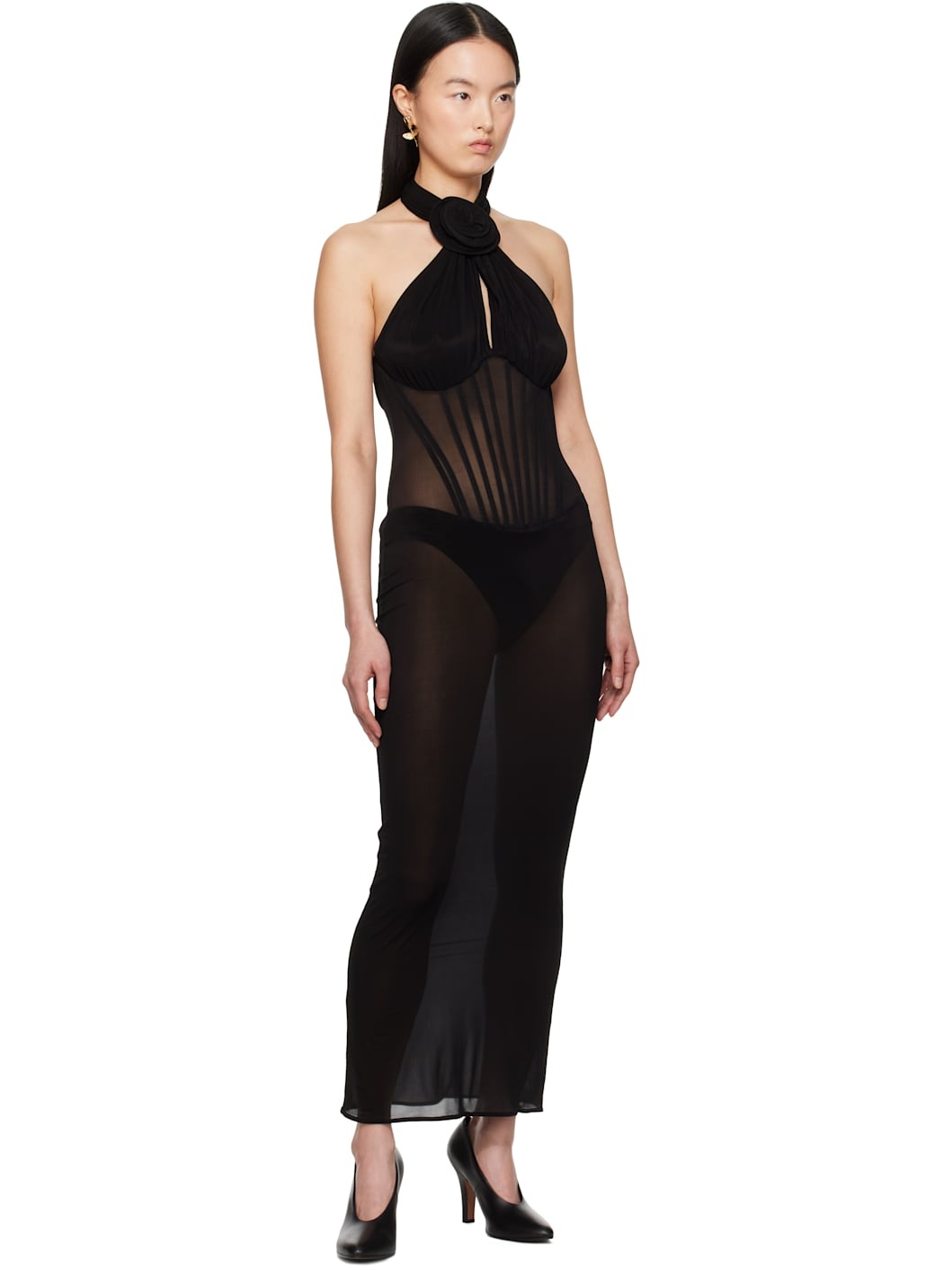 Black Sheer Halter Bustier Midi Dress - 4