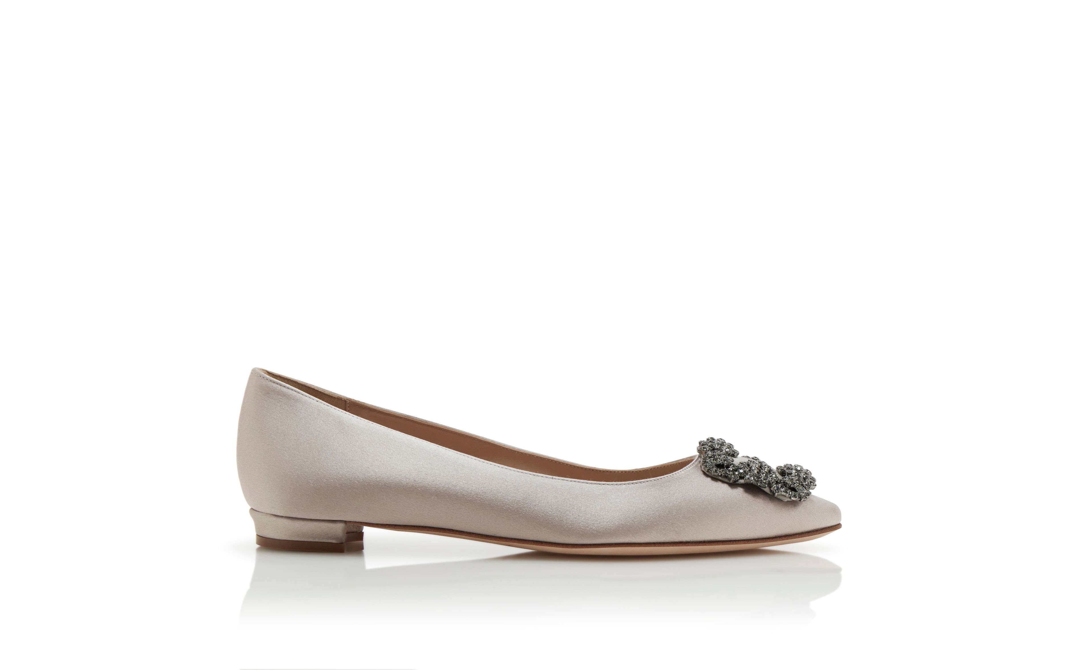 Light Grey Satin Jewel Buckle Flat Shoes - 1