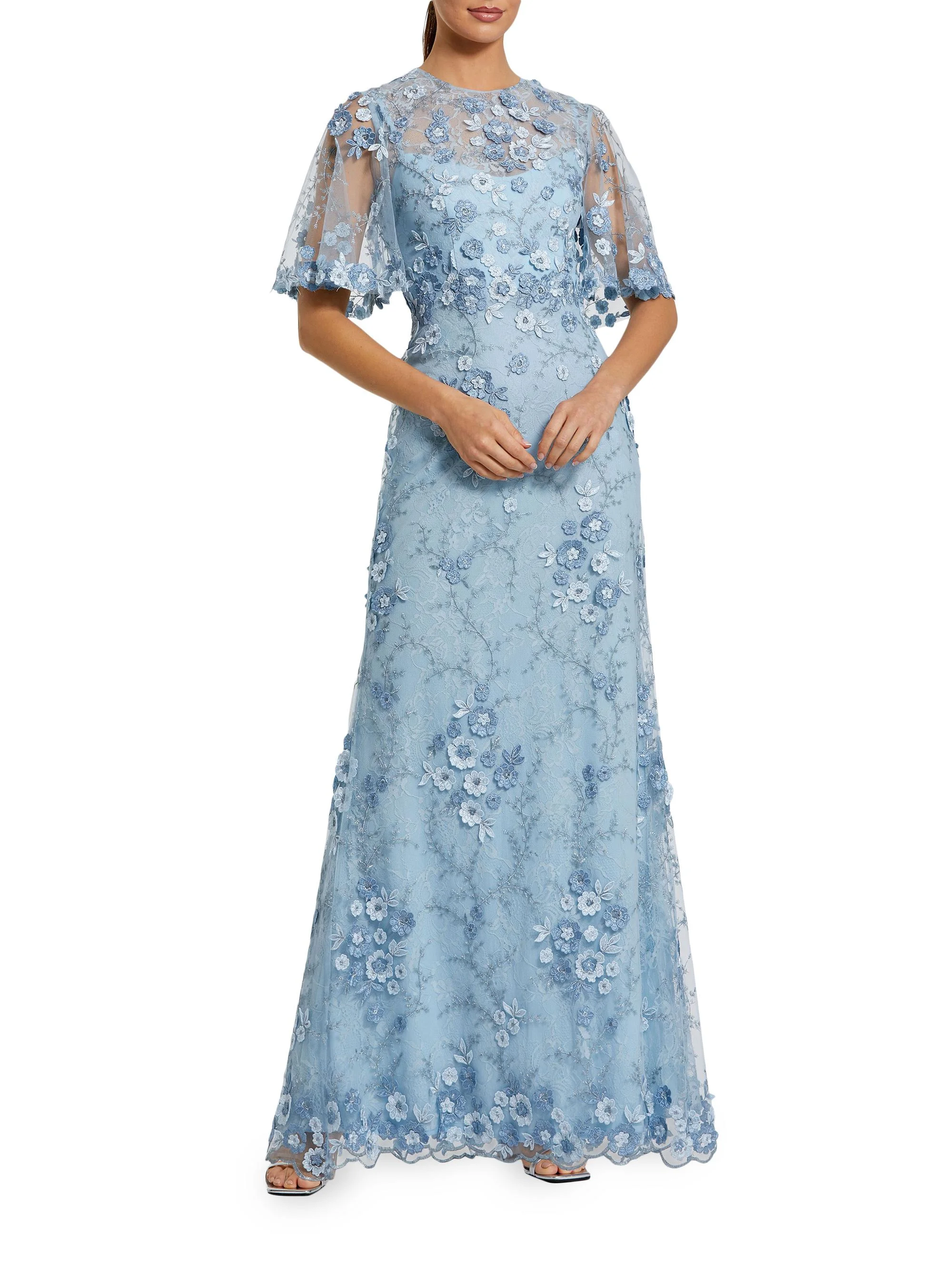Women's Embellished Lace Flutter-Sleeve Gown - French Blue - 1