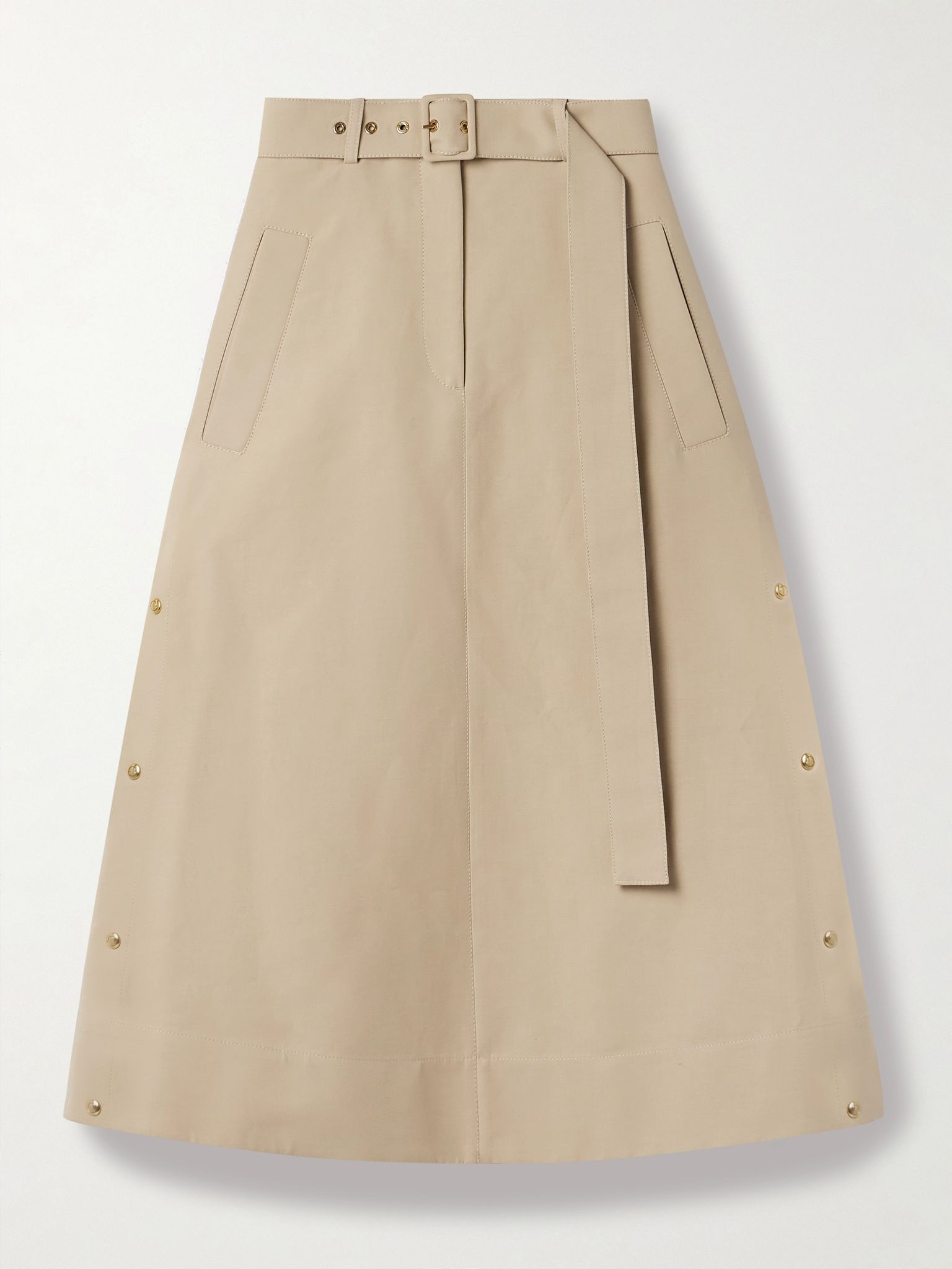 Belted cotton-gabardine midi skirt Tan - 1
