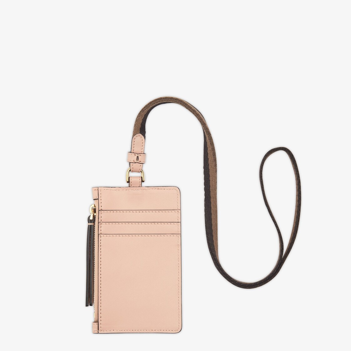 Fendi Roma card holder with zipper closure and Pequin ribbon strap. Made of pink leather. Gold-finis - 2