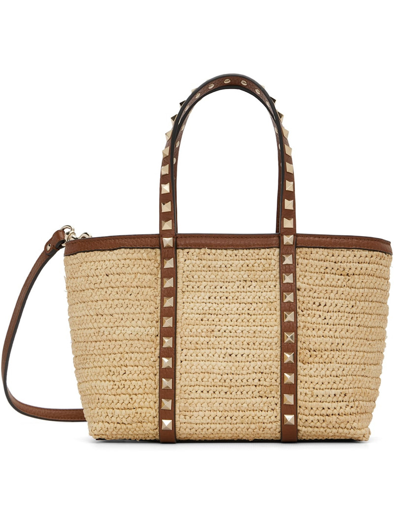 Beige Mini Rockstud Raffia Shopping Bag 1