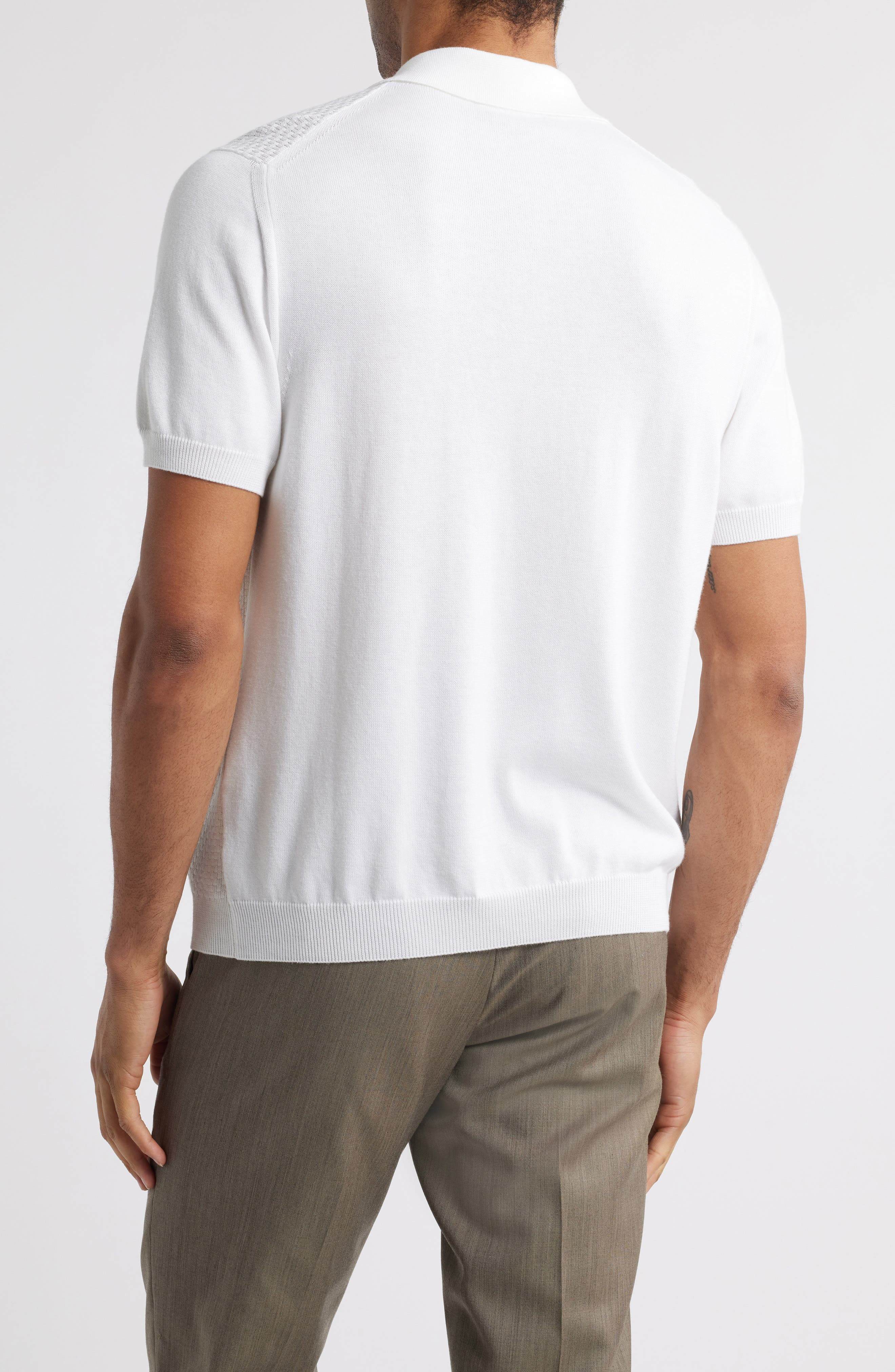 Canali Short Sleeve Textured Cotton & Modal Polo Sweater in White at Nordstrom - 2