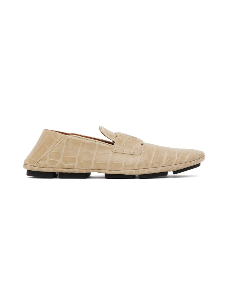 Beige Crocodile-Print Driver Loafers 1