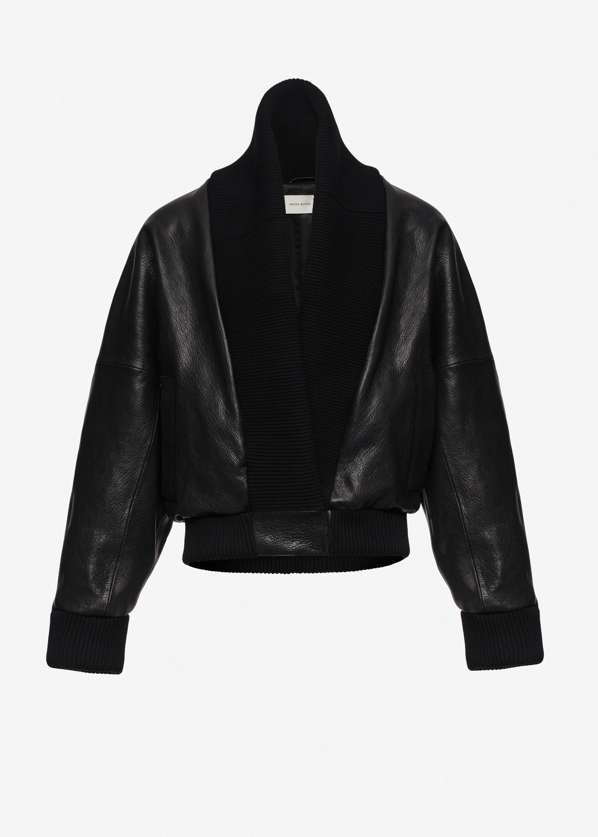 Leather bomber jacket with knit shawl collar in black - 1