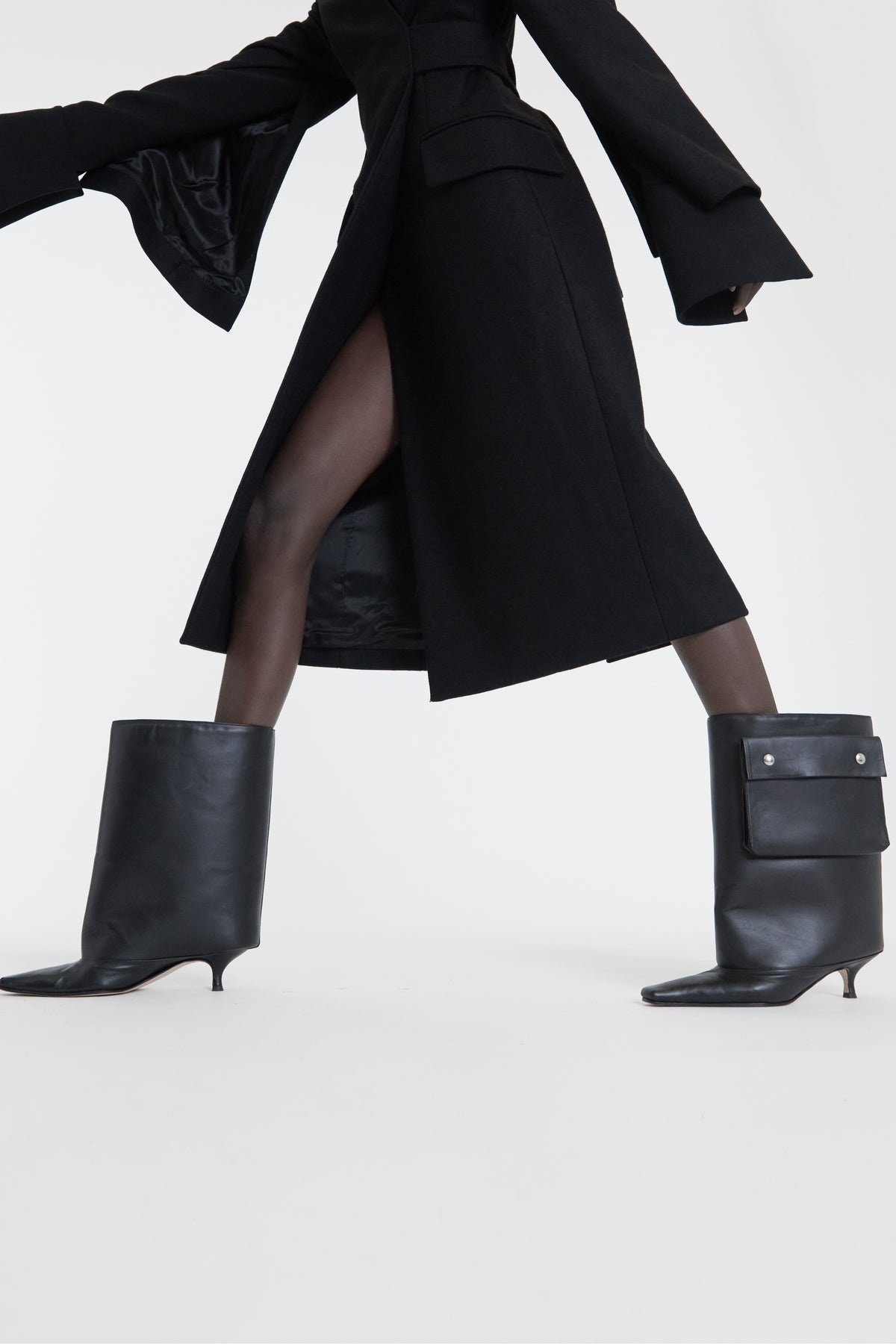 OPEN SLEEVE BELTED WRAP AROUND FITTED COAT BLACK - 4