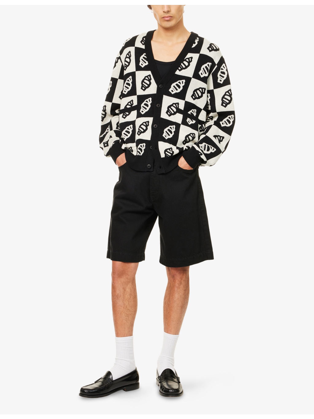 Checkerboard V-Neck Cotton And Wool Cardigan - 2