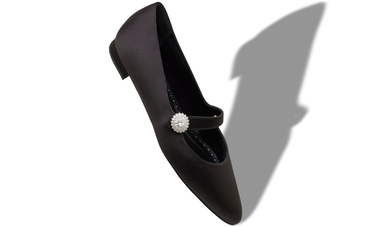 Black Satin Embellished Mary Jane Flat Pumps - 2