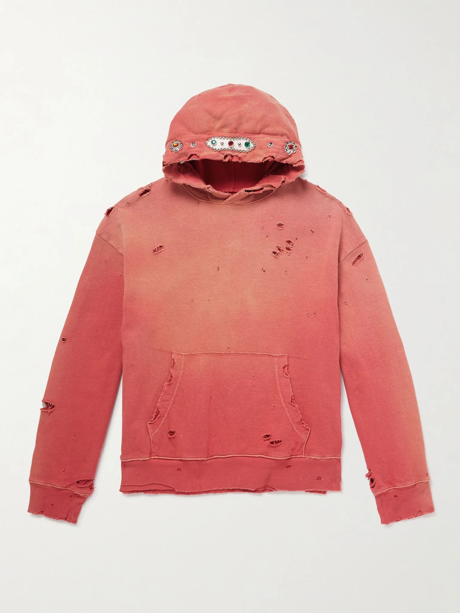 Embellished Suede-Trimmed Distressed Cotton-Jersey Hoodie Red - 1