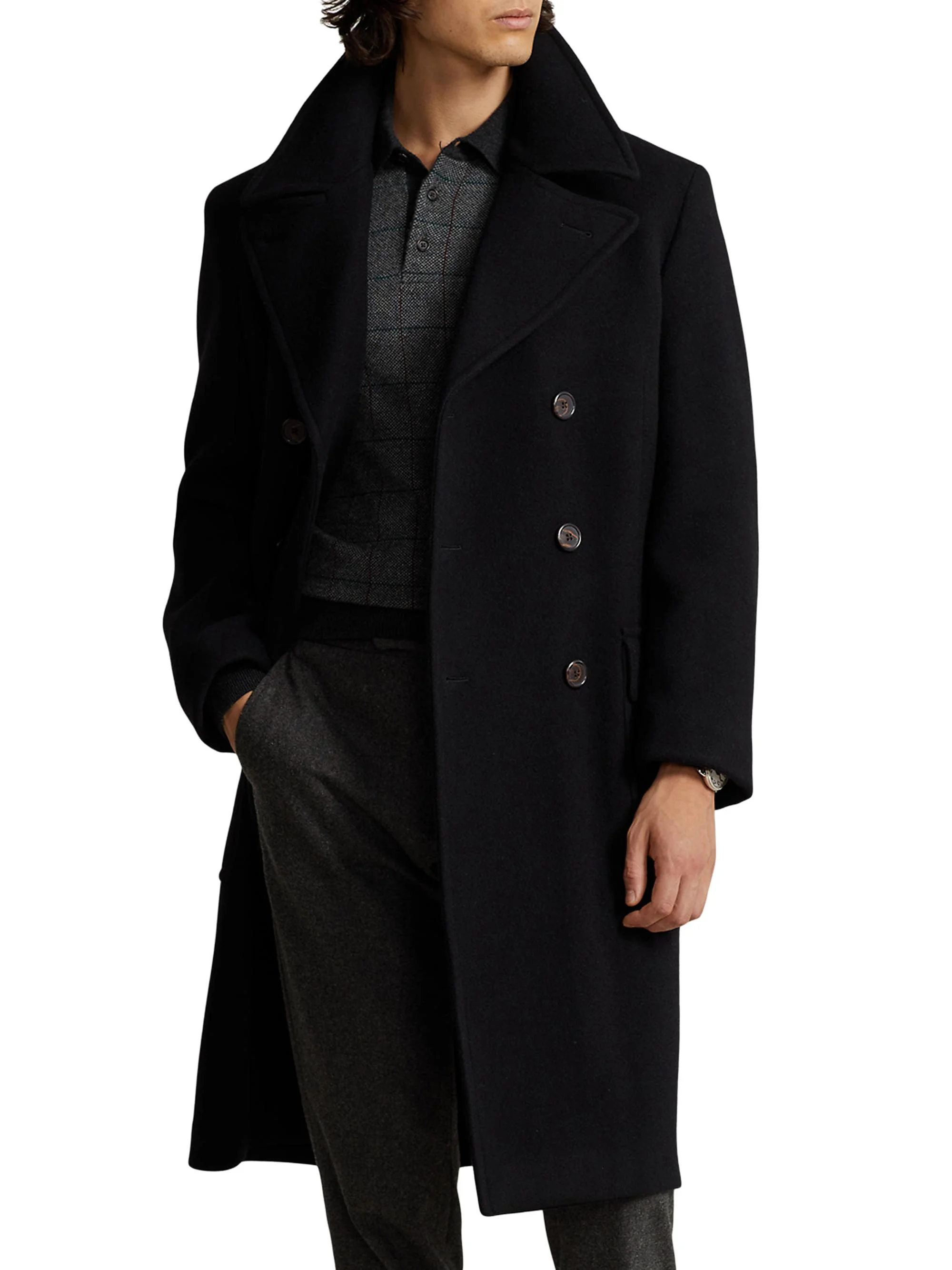 Men's Wool Double-Breasted Coat - Black - 1