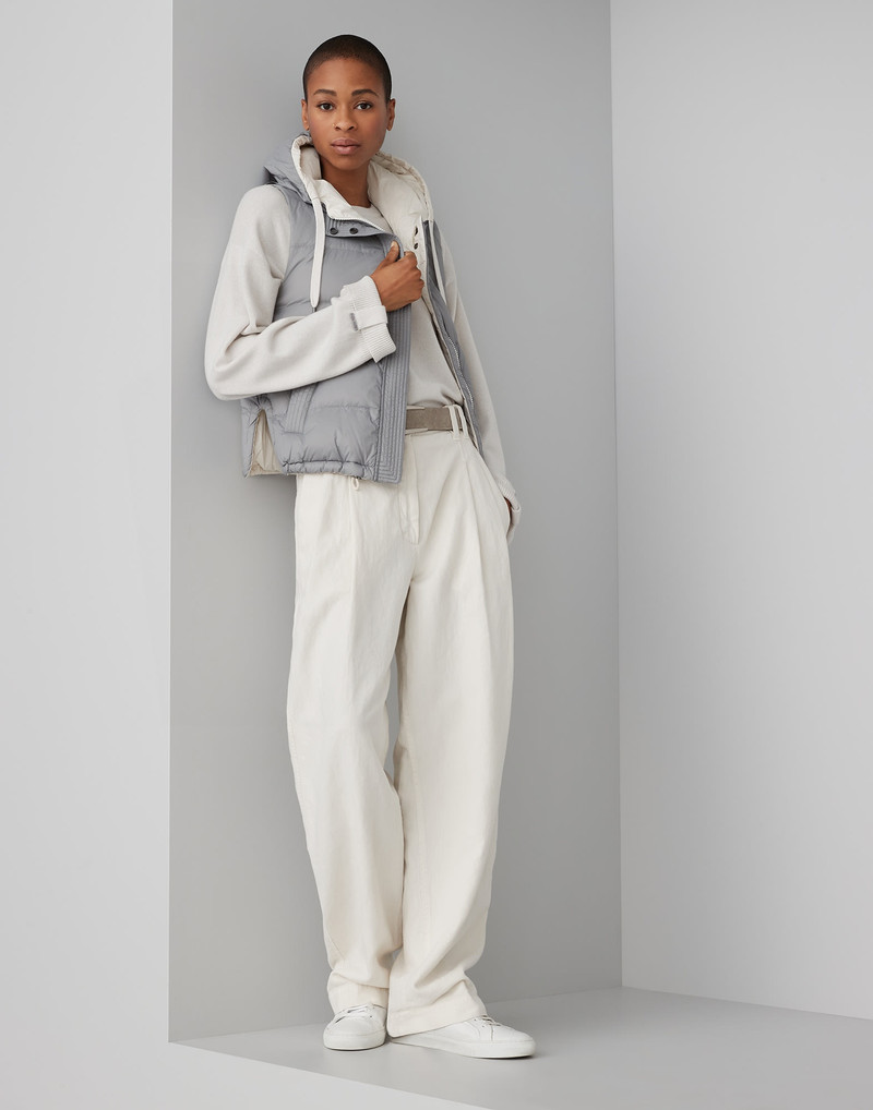 Lightweight matte nylon down vest with hood and shiny trim 5