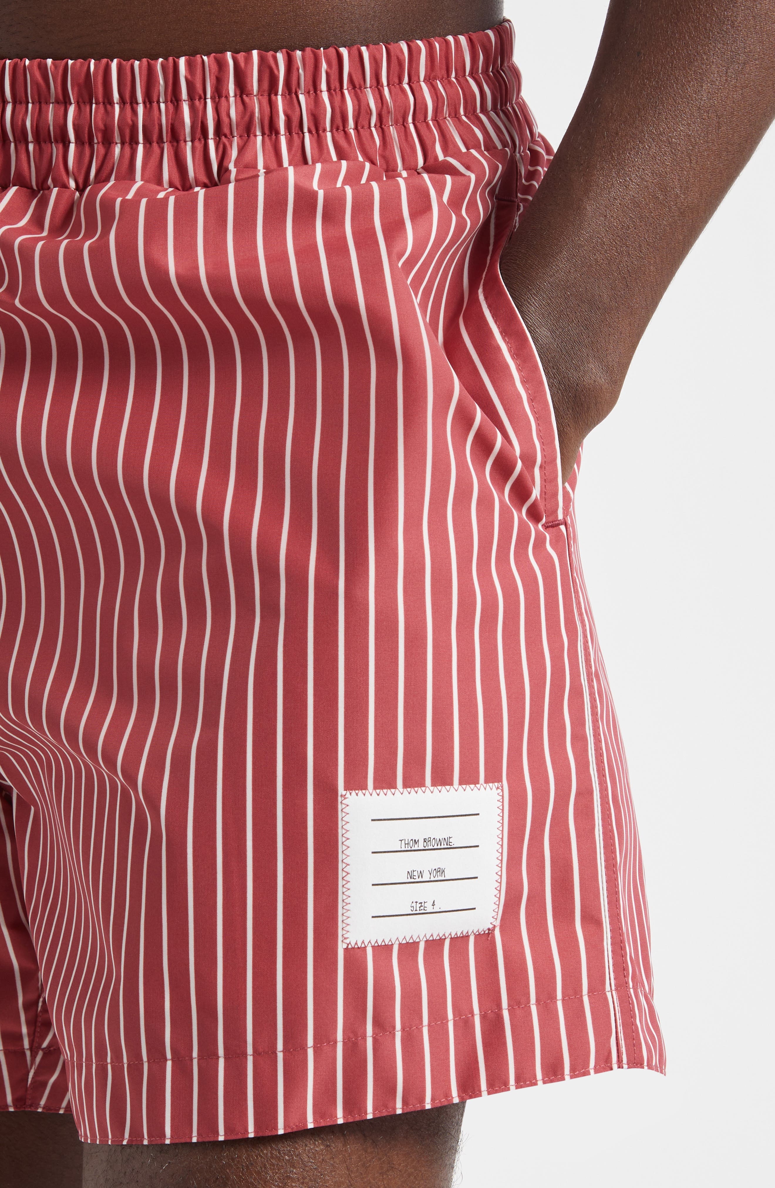 Thom Browne Stripe Nylon Swim Trunks in Burgundy at Nordstrom - 4