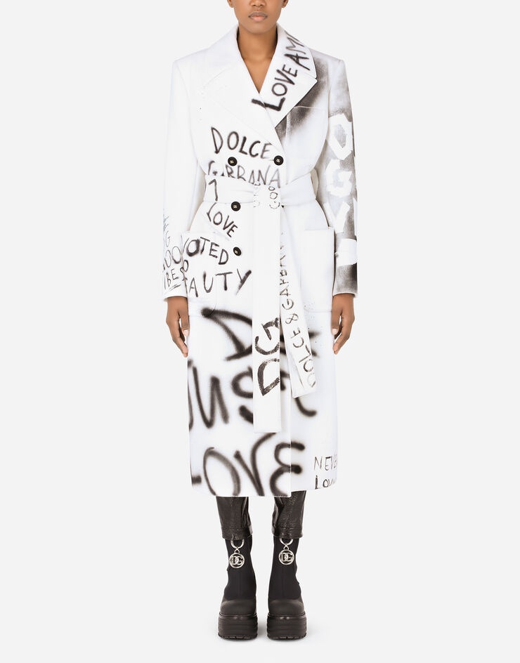 Belted double-breasted fabric coat with DG graffiti print - 1