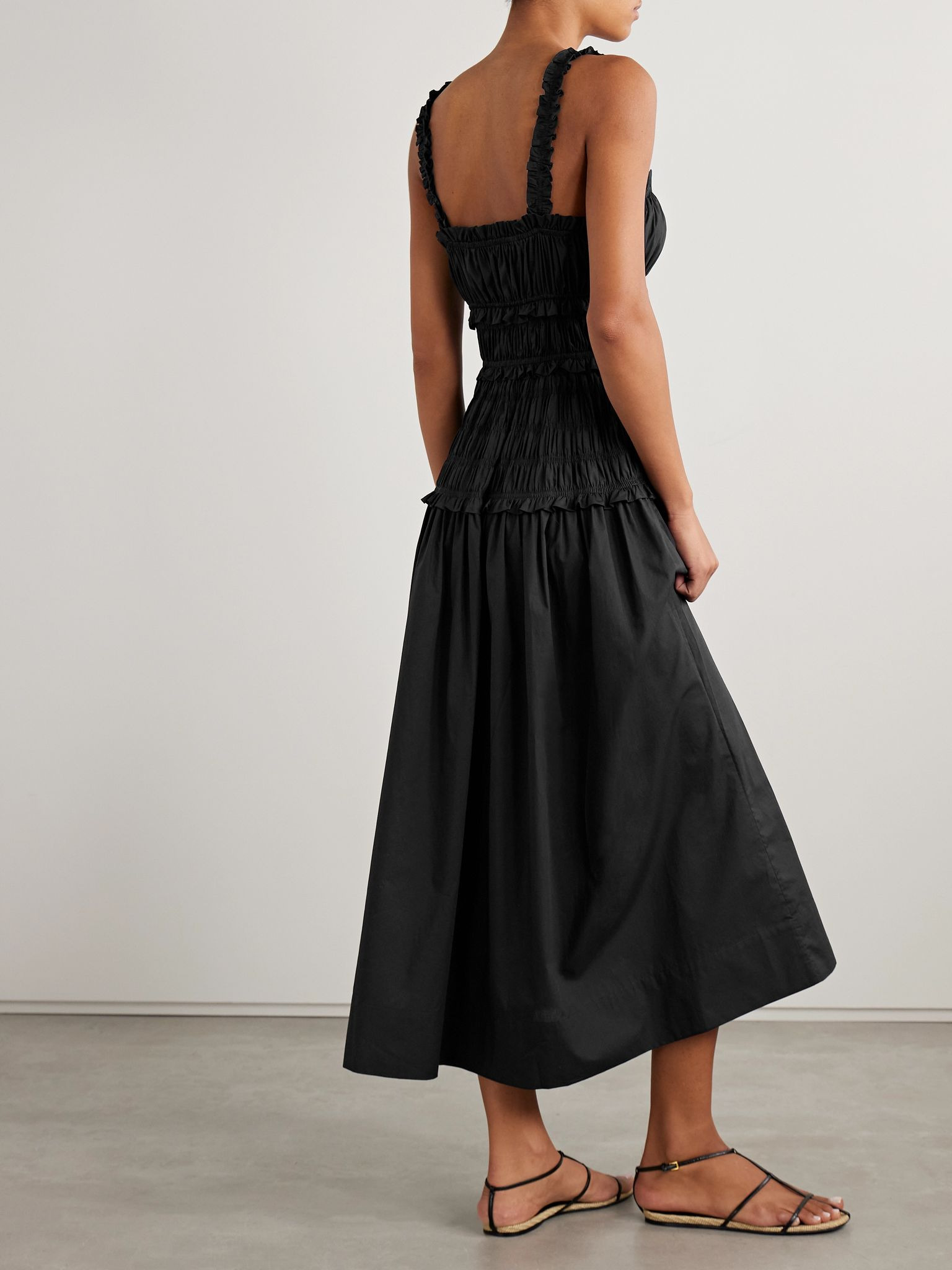 Marianne shirred organic cotton-poplin midi dress Black - 3