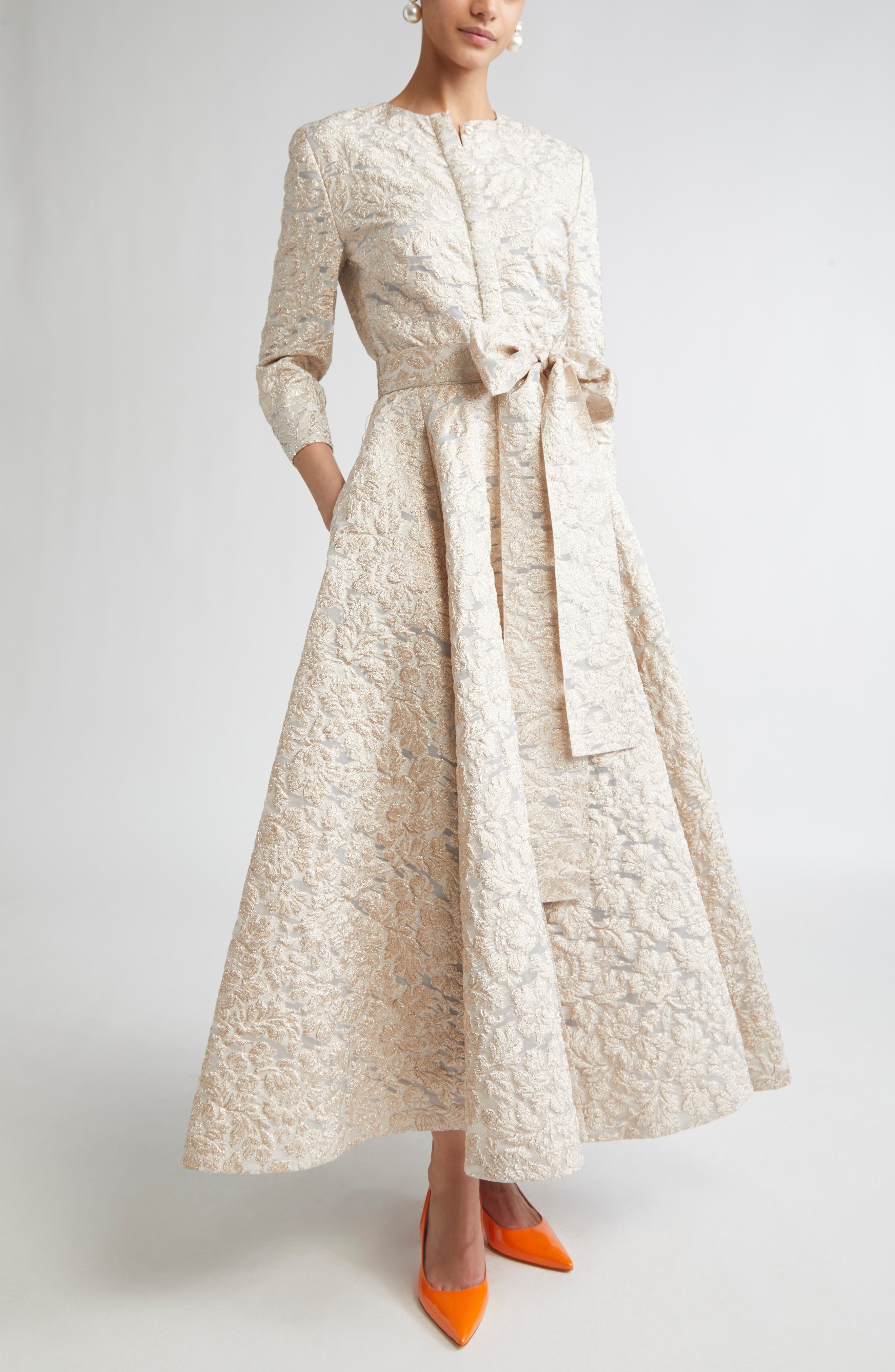 Carolina Herrera Metallic Floral Jacquard Trench Midi Dress in Gold at Nordstrom - 1
