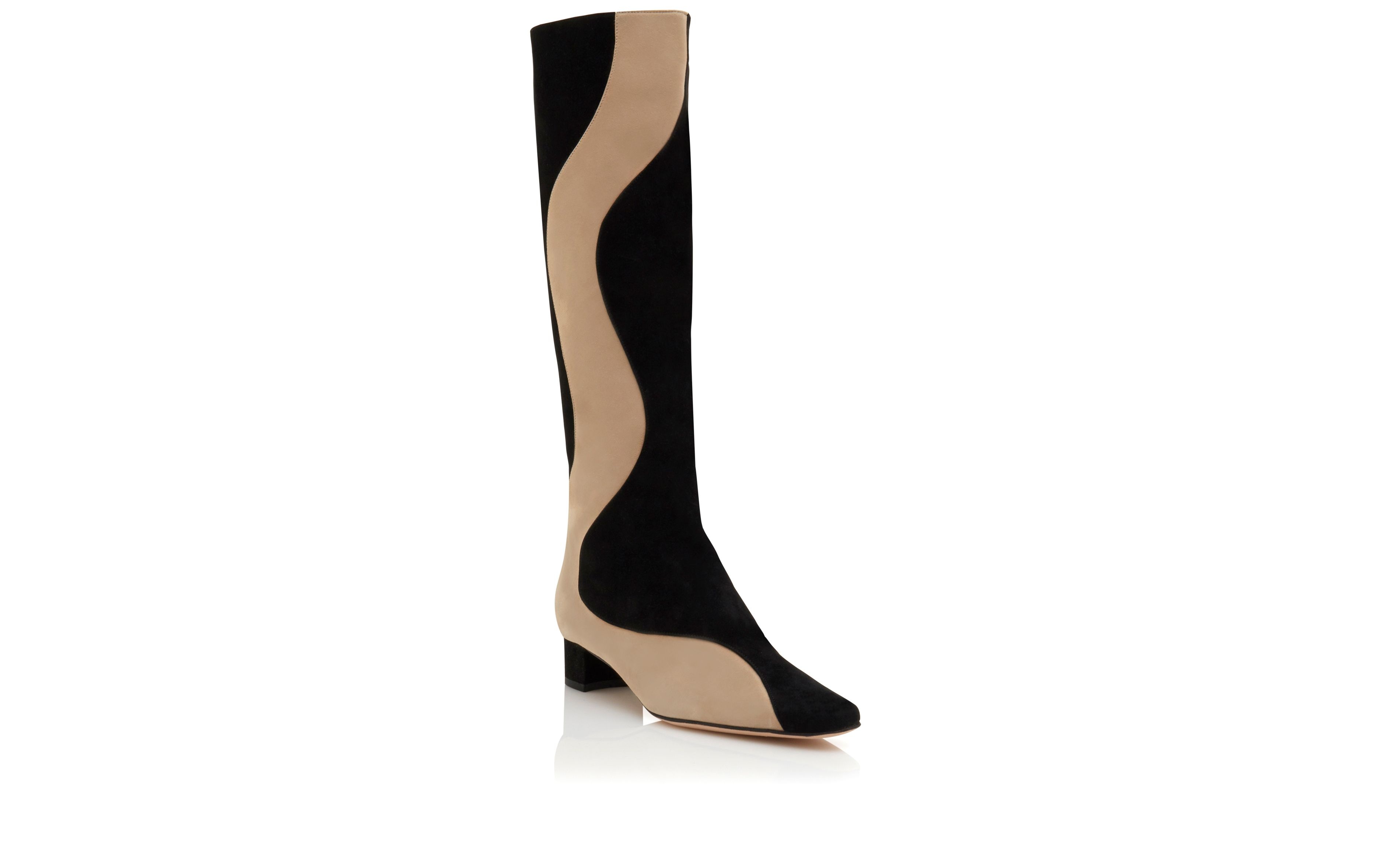 Black and Beige Suede Knee High Boots - 3