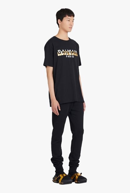 Oversized black eco-designed cotton T-shirt with white and gold Balmain logo print - 7