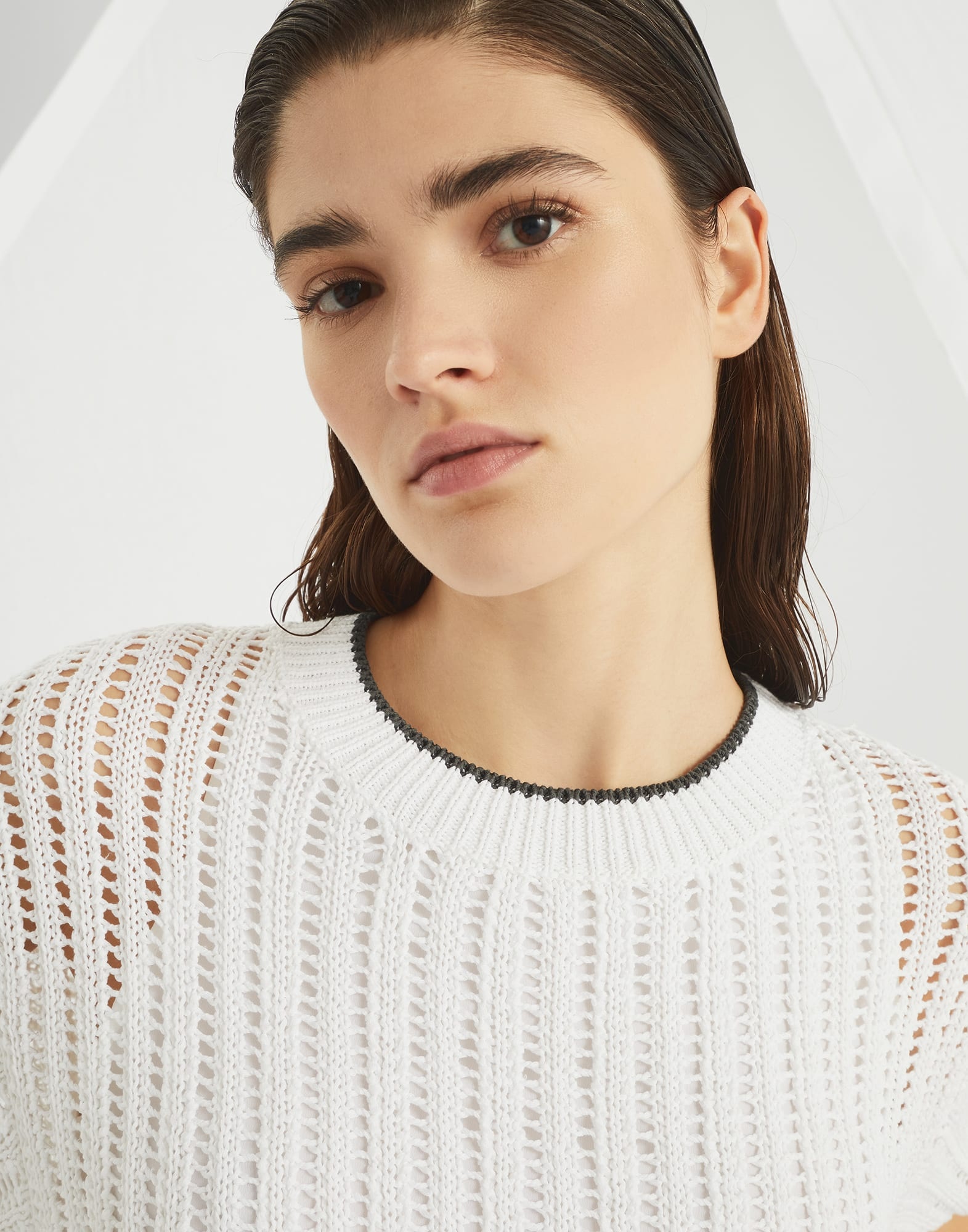 Cotton openwork rib knit dress with monili - 3